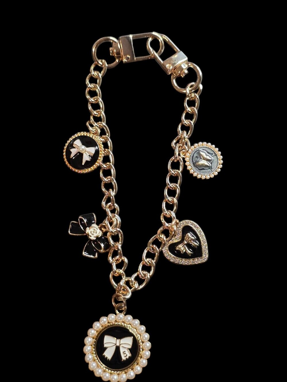 Gold-Tone Black Charm Dangle Bag Chain- Black Crystal